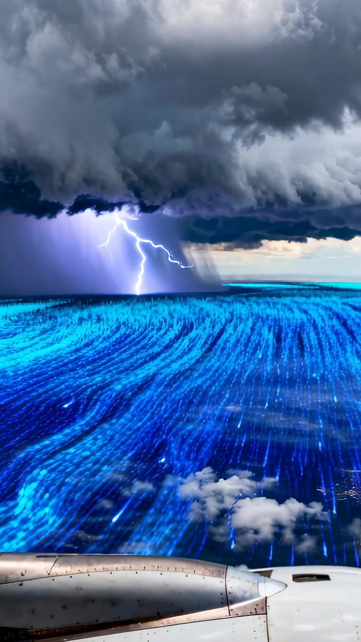Video verticale: Cella temporalesca lampeggiante che produce fulmini e pioggia sul mare, vista dall'oblò di un aereo con l'ala in mostra