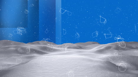 animation of christmas shapes and snow falling on blue background