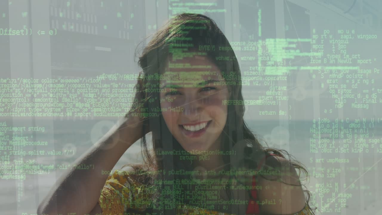 Animazione dell’elaborazione di dati finanziari su una donna in spiaggia
