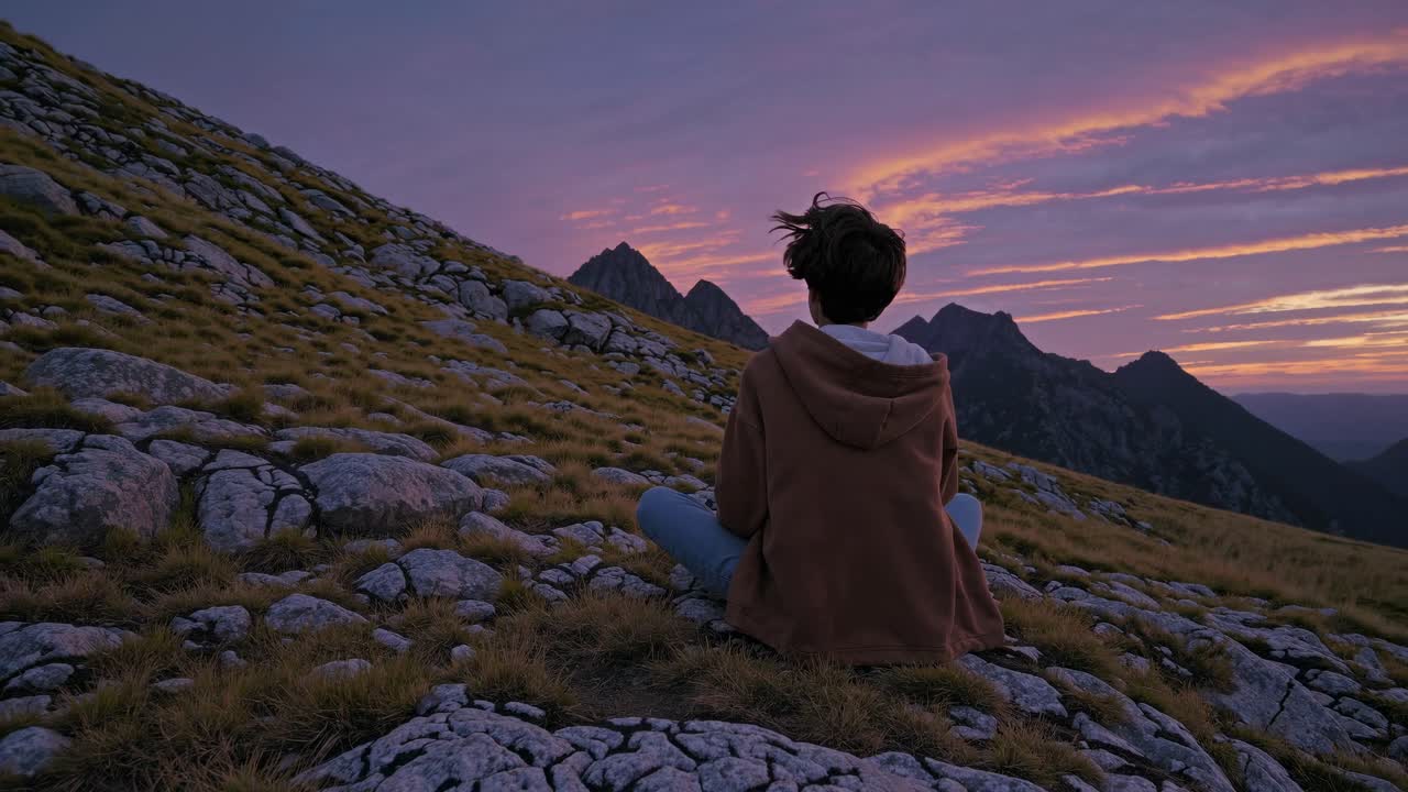 Una persona seduta su un pendio roccioso al tramonto, vista da dietro