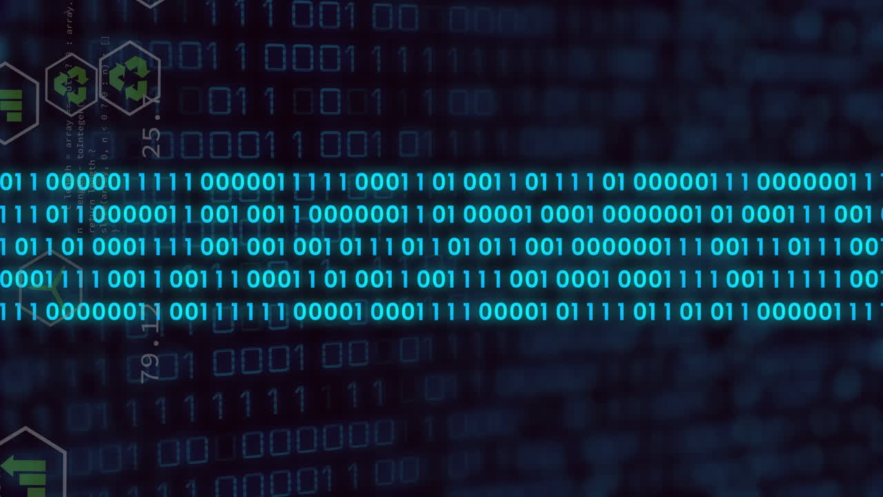 Glowing binary code sequence in digital animation on dark background