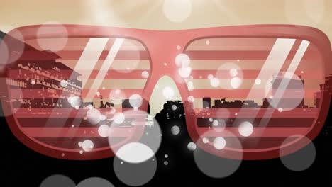 animation of glasses icon with white spots over cityscape