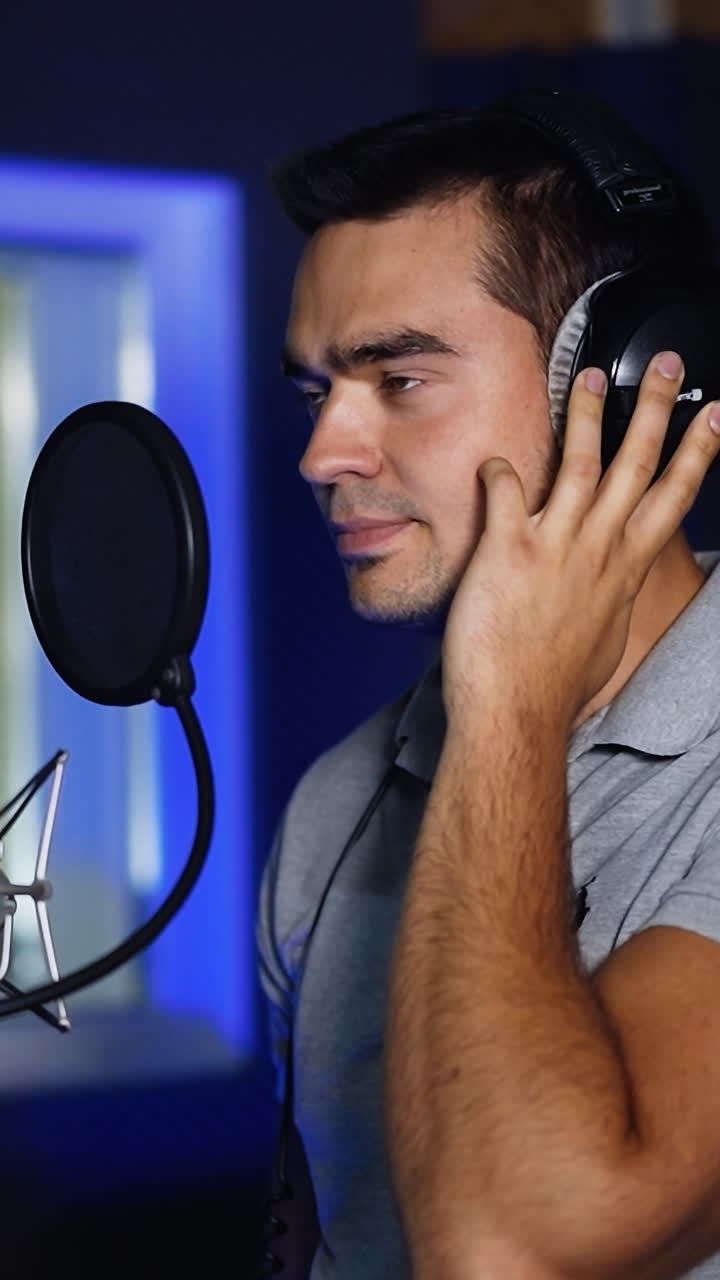 Male handsome singer standing in front of professional microphone. Man has headphones on his head and listens to music in them. Vertical video