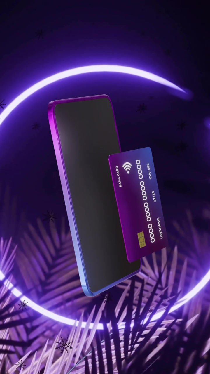 Animation of smartphone and credit card with data over glowing circle