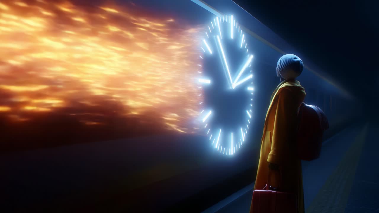 A traveler stands at a mysterious train platform, captivated by a glowing clock that transcends time, as sparks fly from the moment, evoking a sense of wonder and anticipation