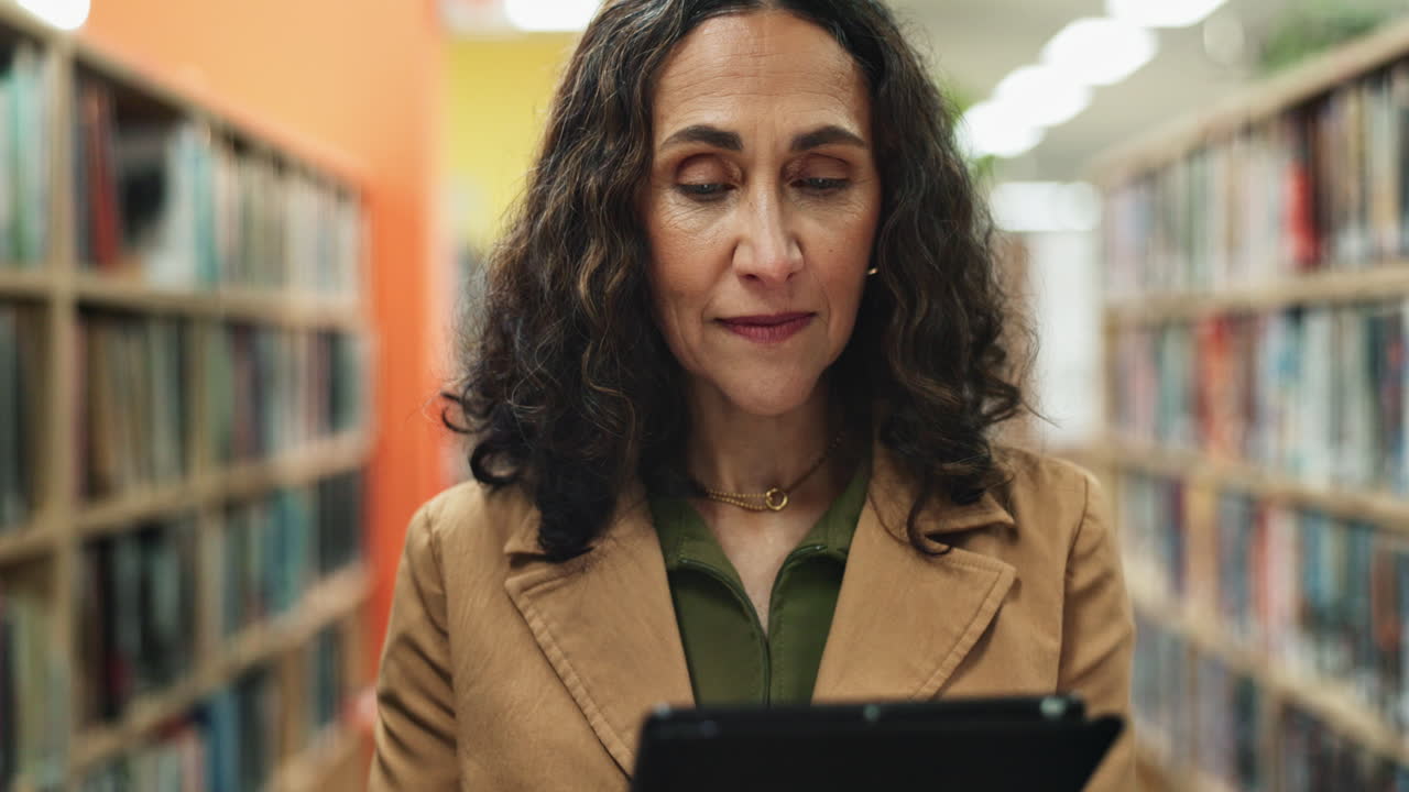 mujer usando tableta en la biblioteca