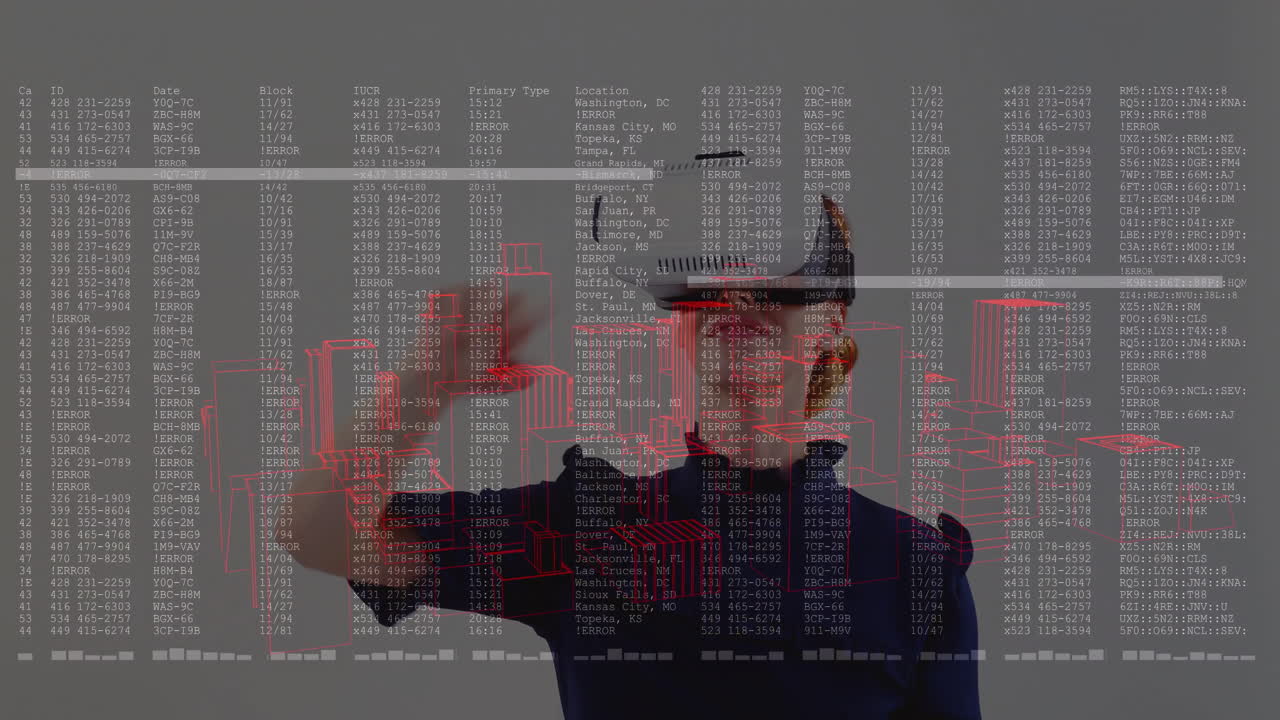 Woman interacting with technology interface in studio, displaying log text and 3D building models