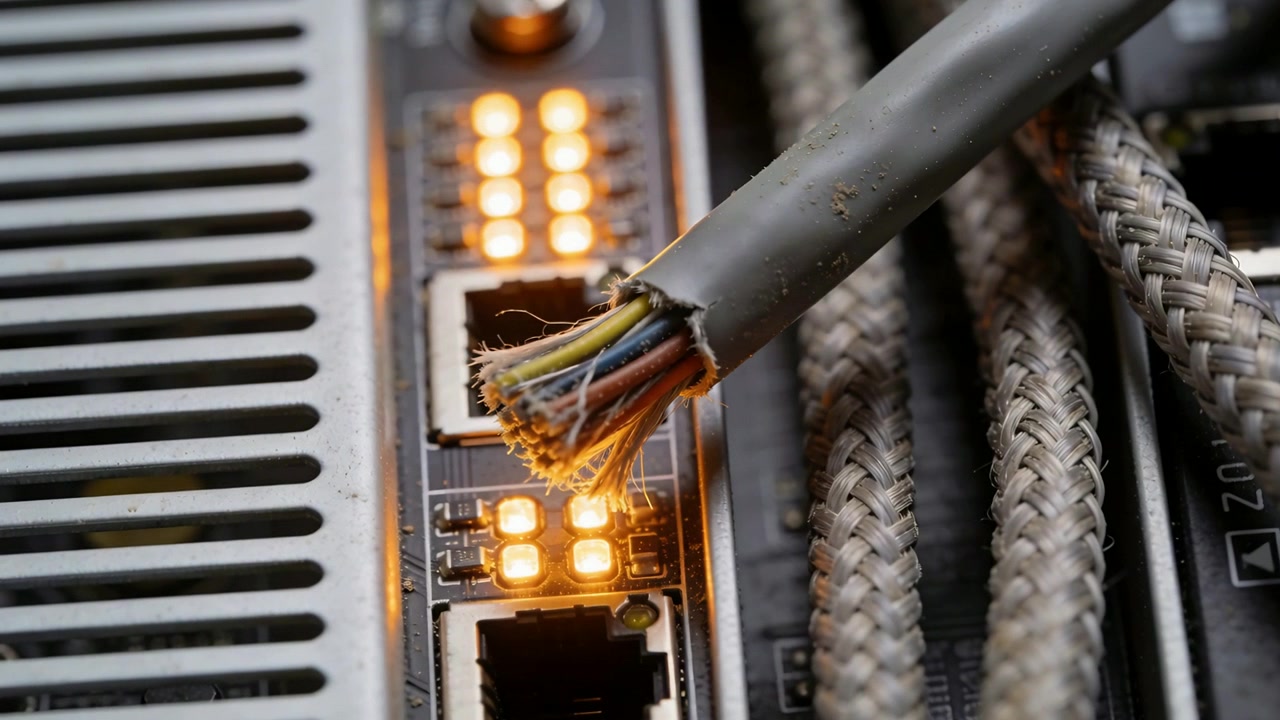 Shifting frayed multiwire cable tip moving toward switch ports and amber LEDs, seeking connection