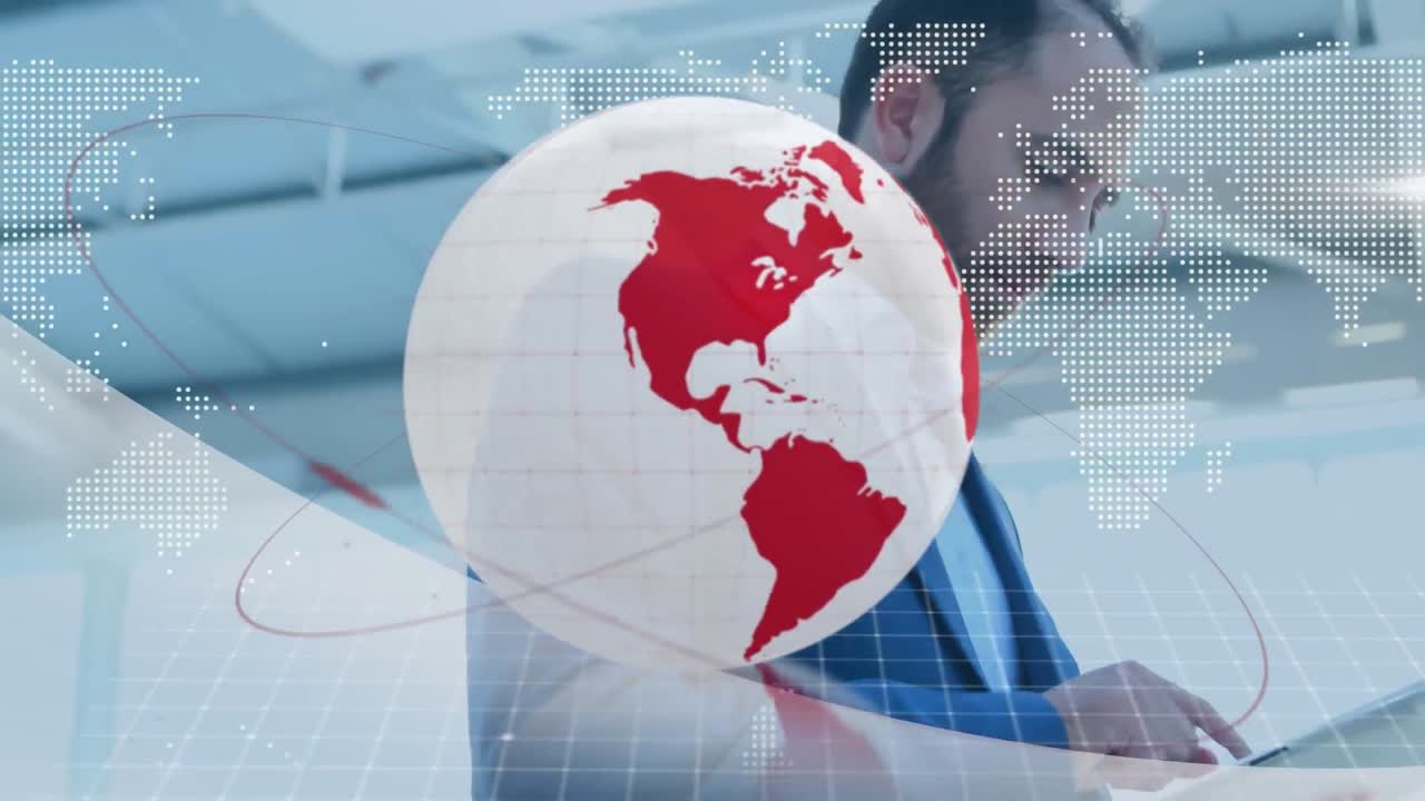 animación del globo rojo y blanco y el mapa del mundo sobre un hombre de negocios que usa una tableta
