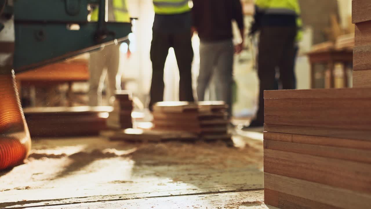 Woodworking in a workshop with lumber and workers