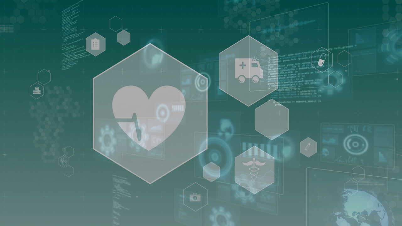 Healthcare icons and heart monitor animation over digital technology background