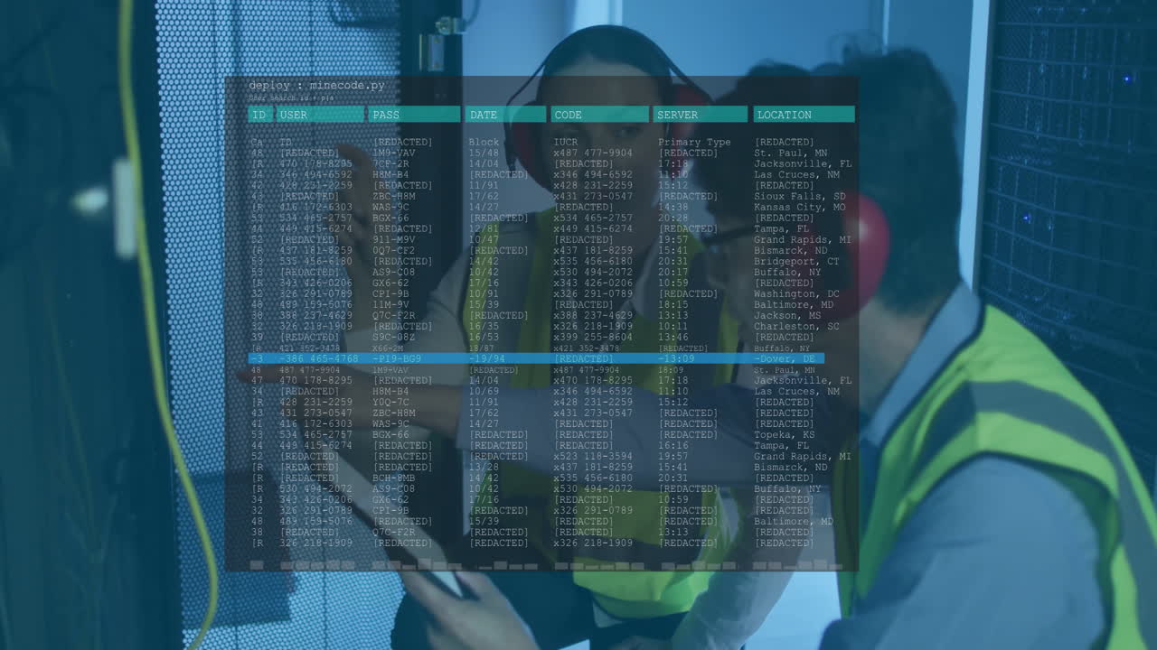 Technicians in server room working with data processing animation overlay