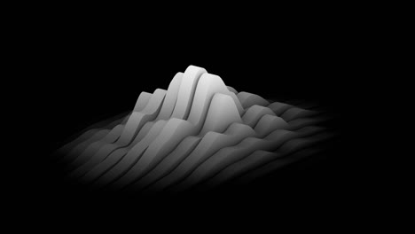 Waving white layers forming minimalistic topographic surface on black background. Abstract CG animation loop. 3d rendering.