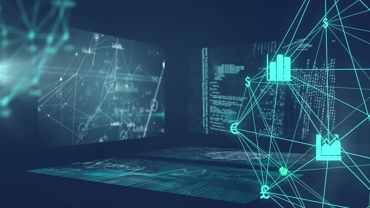 데이터 처리 및 디지털 화면을 통해 비즈니스 아이콘의 애니메이션