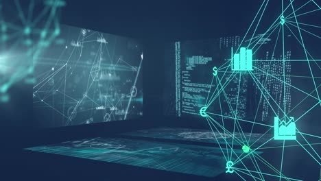 Animación-De-Iconos-De-Negocios-Sobre-Procesamiento-De-Datos-Y-Pantallas-Digitales.