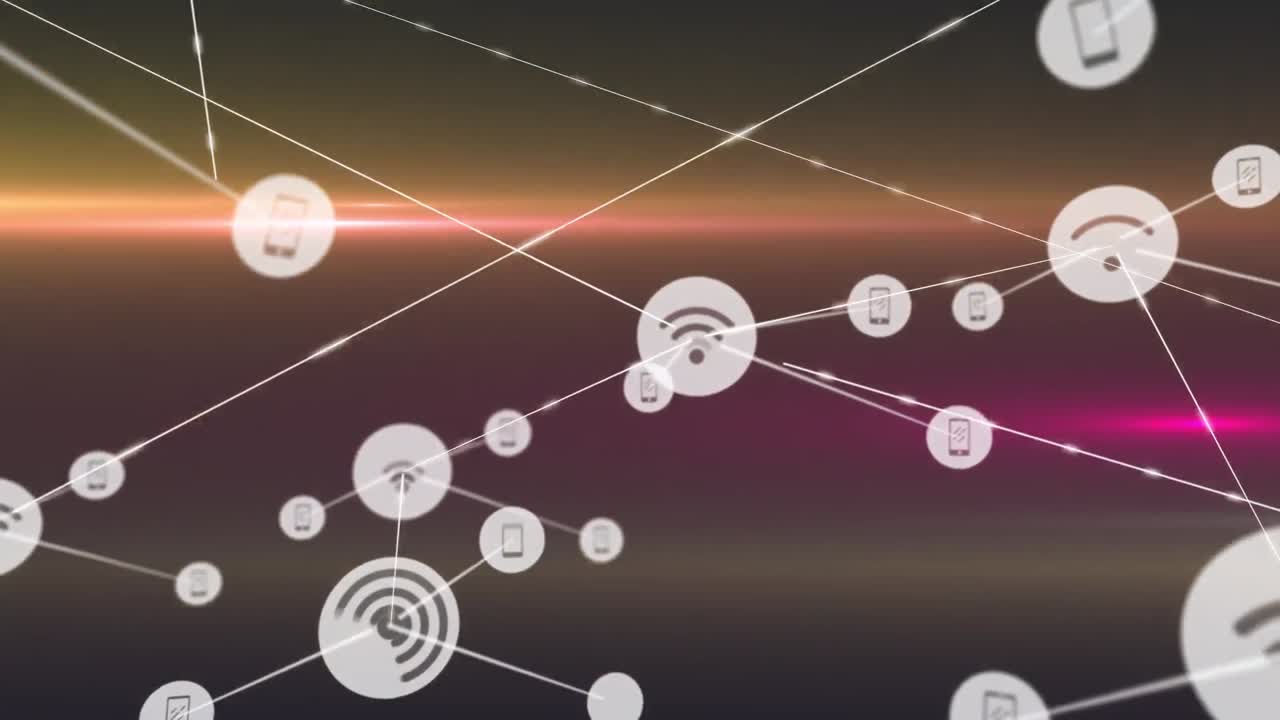 animación de la red de conexiones con íconos y senderos de luz sobre fondo negro