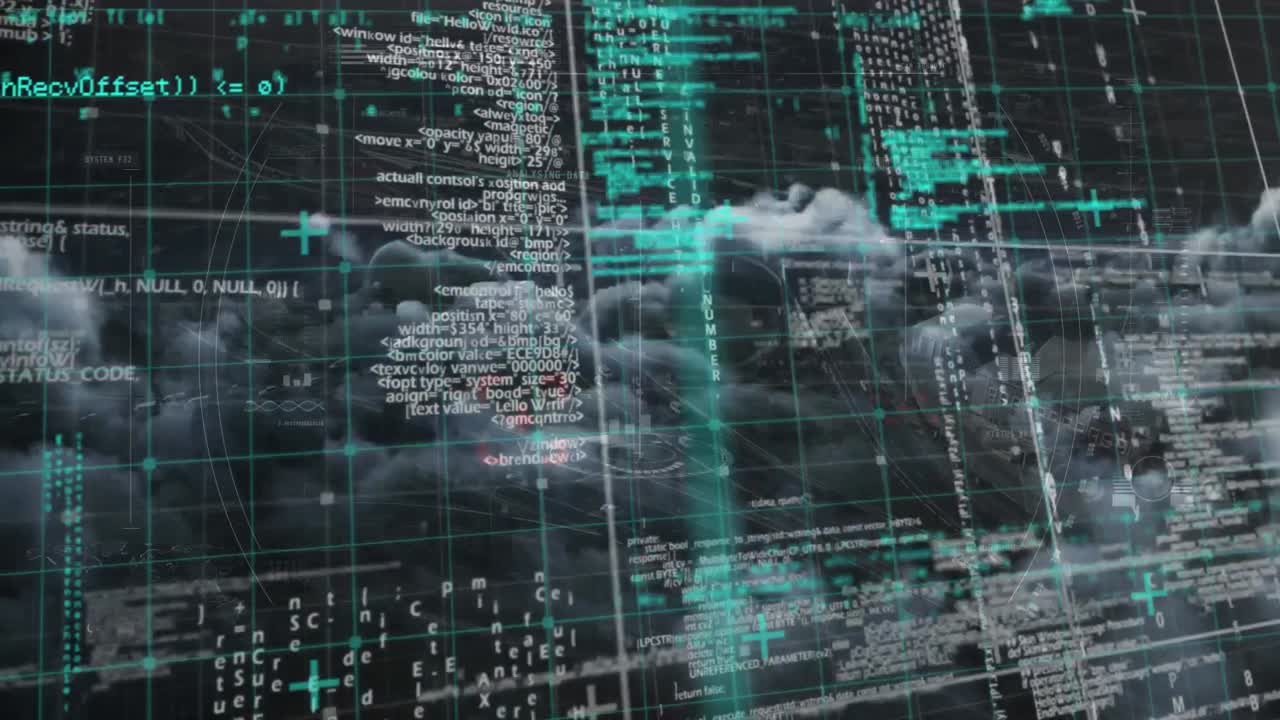 Animation of green shapes and data processing over clauds on black background