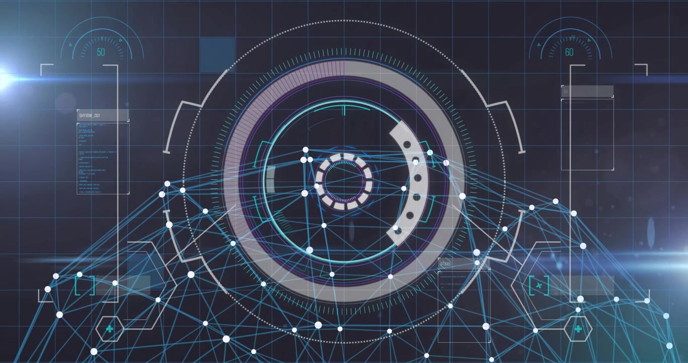 Nodes emerging on grid forming HUD interface, rings filling, reticle scanning, visualizing data