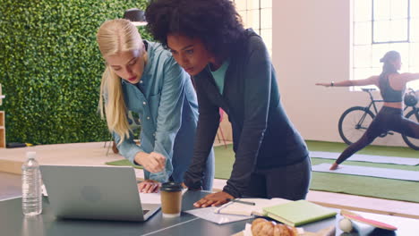 wellness women, laptop and startup meeting people