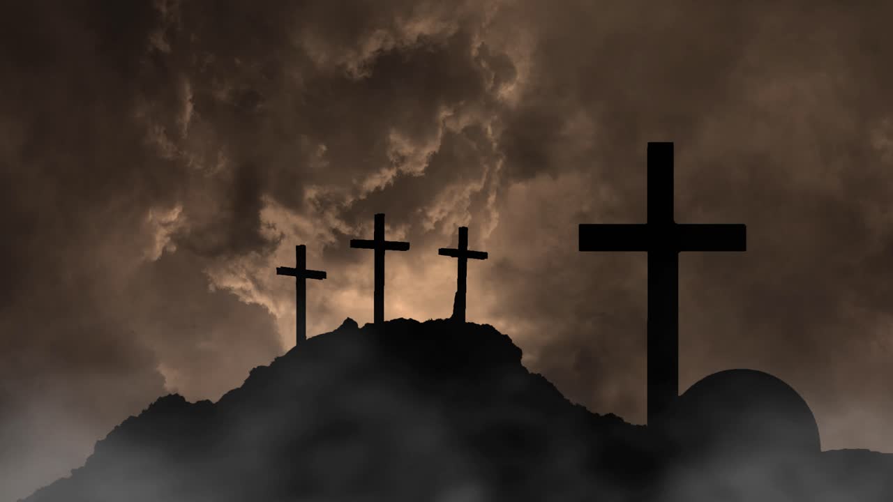 4k 실루 ⁇ , 언덕에 십자가 저녁 폭풍의 배경
