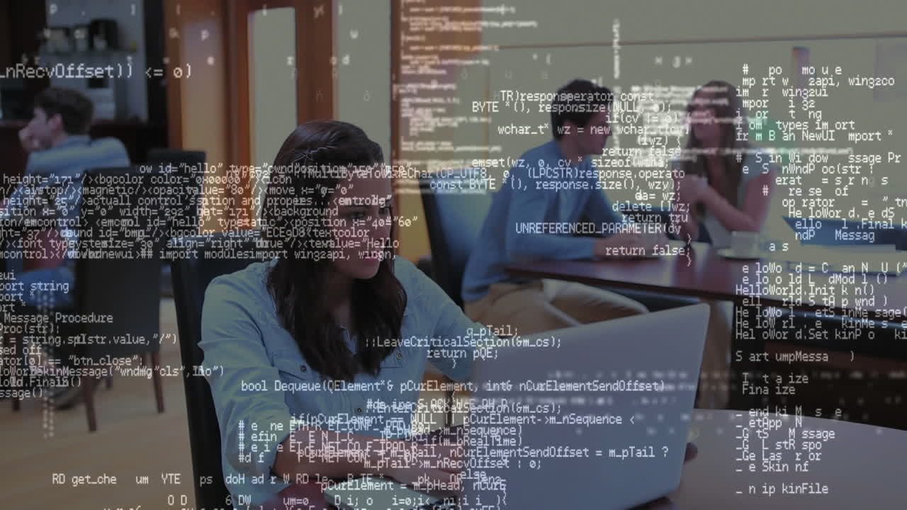 animación de un grupo de estudiantes usando una computadora portátil sobre el procesamiento de datos en segundo plano.