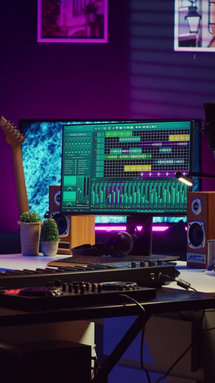 Configurazione moderna di uno studio di produzione musicale domestico con workstation audio digitale