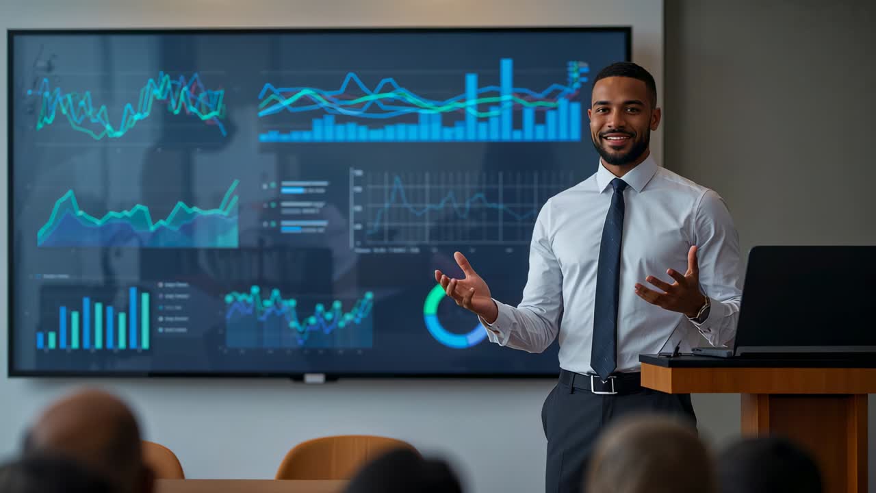 Starting talk, speaker in white shirt dark tie explaining charts on screen in conference room