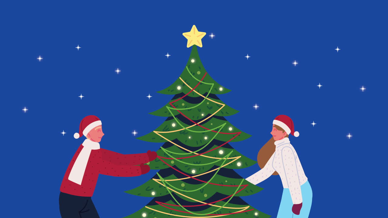크리스마스 트리를 장식하는 커플 애니메이션