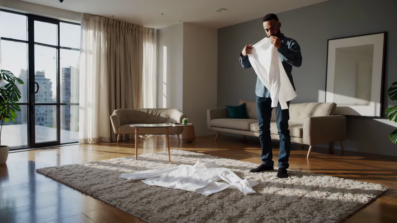 Uomo che piega i vestiti in un soggiorno moderno