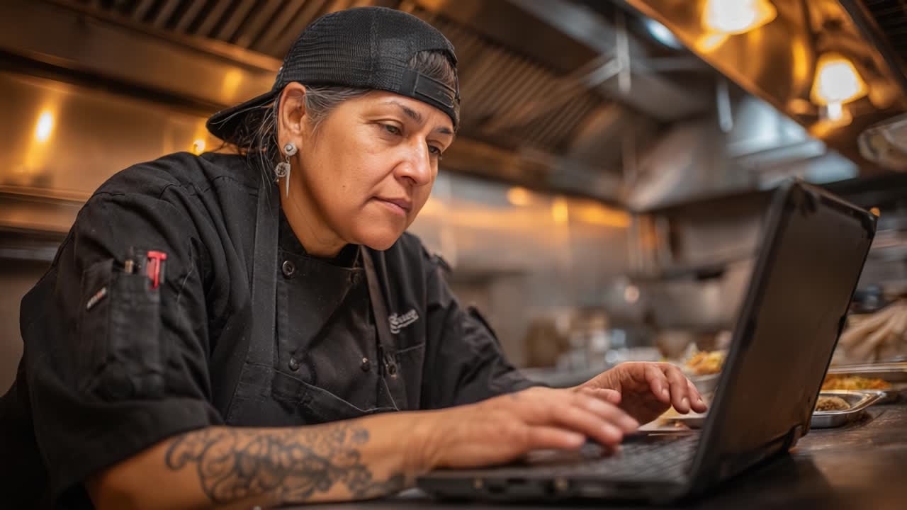 Fokuseret kok, der er engageret i kulinarisk research og planlægning ved hjælp af bærbar computer i et professionelt køkkenmiljø, hvilket viser en blanding af passion og teknologi inden for gastronomi