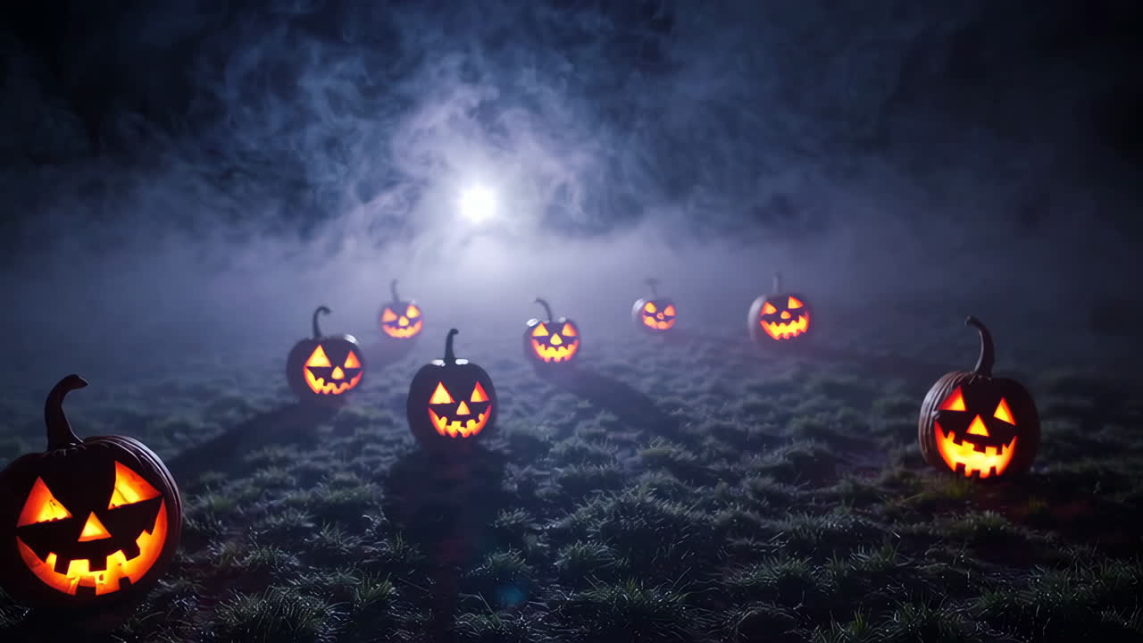 Spooky Halloween Pumpkins in Foggy Night