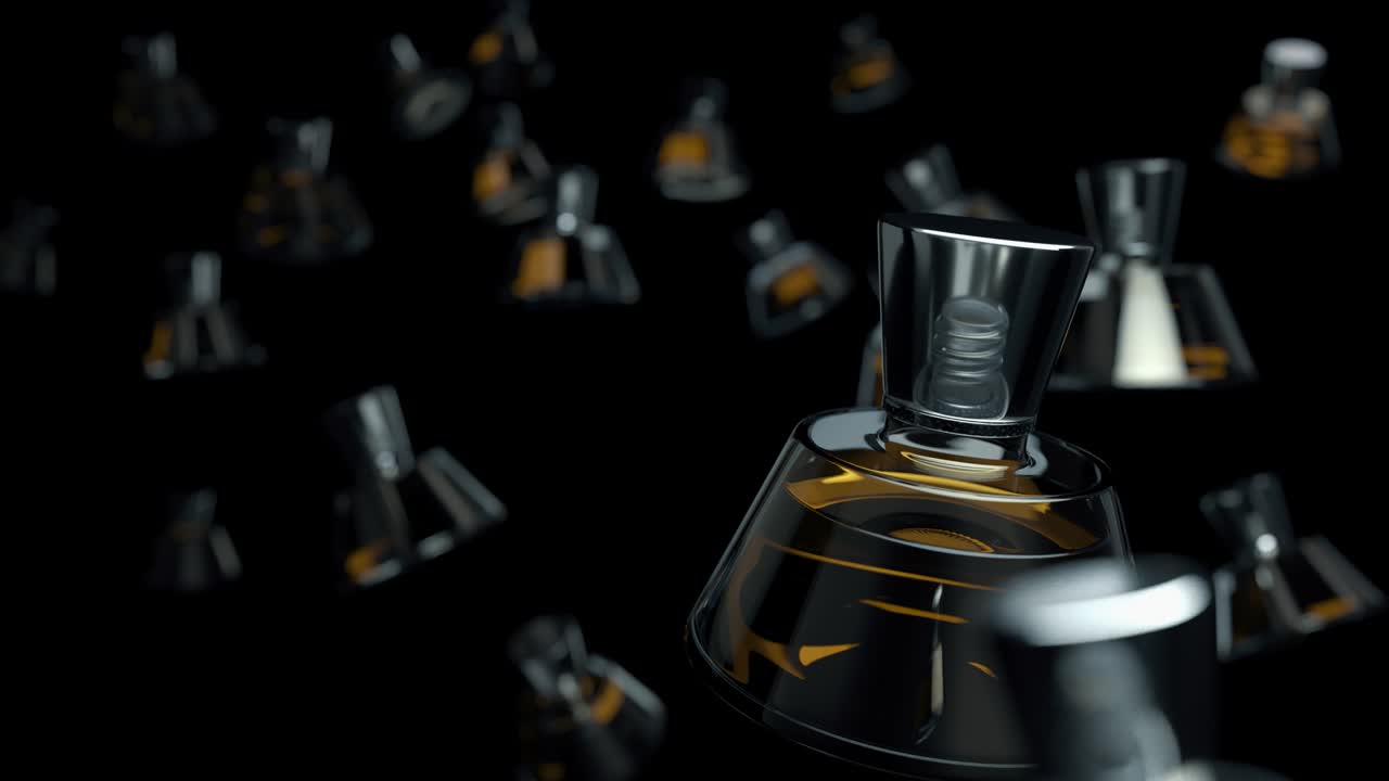 botella de perfume en un fondo negro oscuro. muchos tubos de perfume están en el aire. frasco de vidrio, maqueta promocional, diseño de banner. perfumería y productos cosméticos para mujeres. animación 3d de 4k