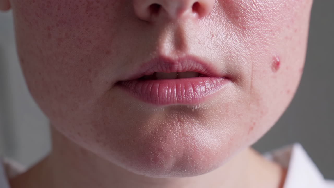 Close-up of a person's face with skin blemishes
