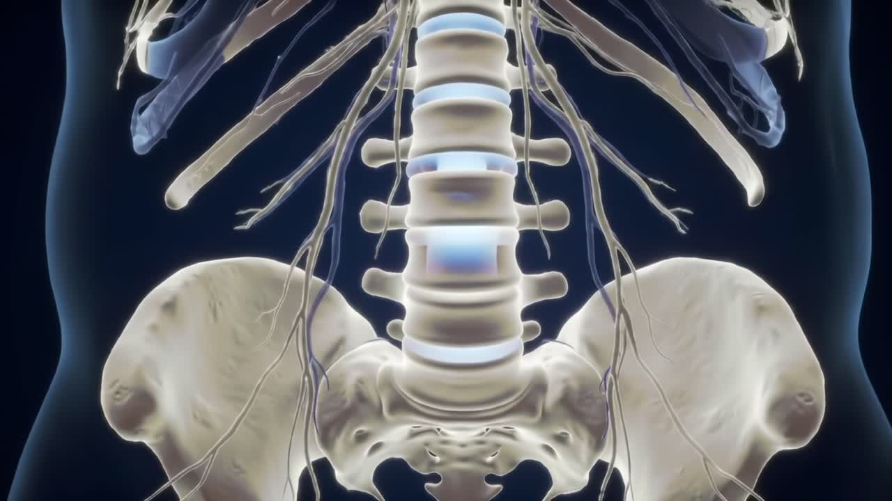 Detailed Anatomical Visualization of the Human Spine and Pelvis: A Comprehensive Look at the Skeletal Structure and Nerve Connections in the Human Body