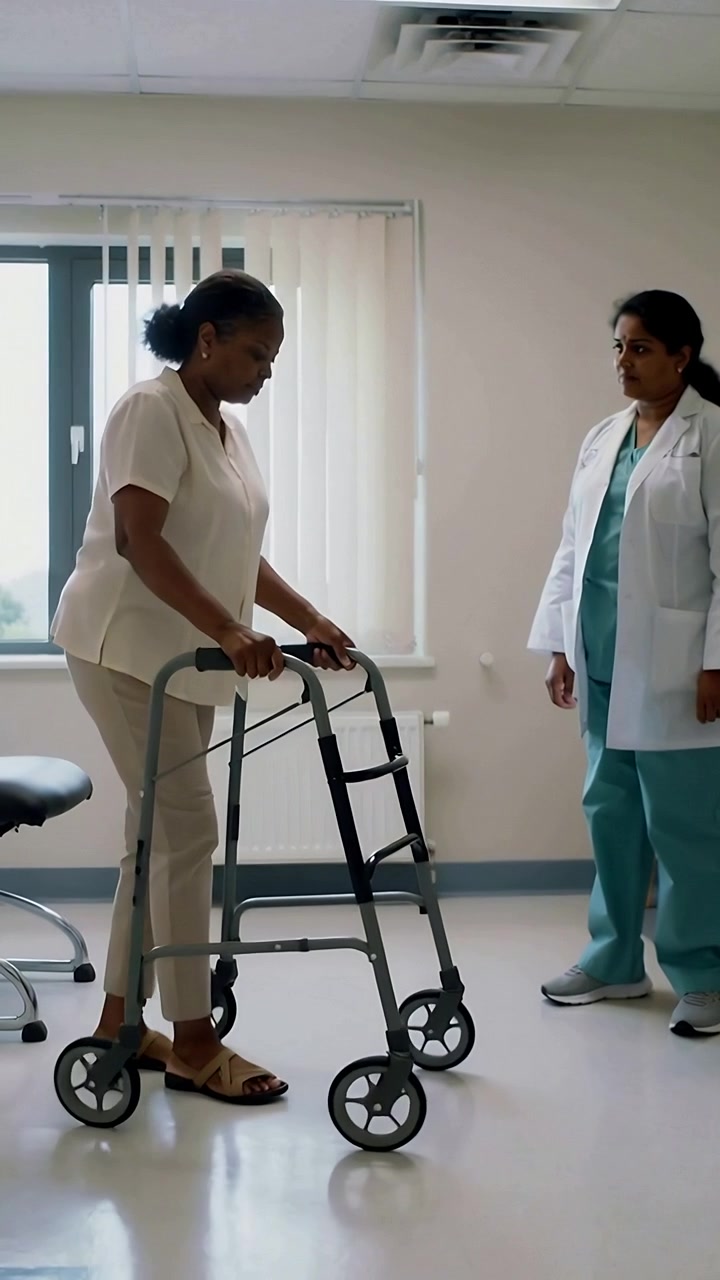 Vertikal video: Pasient griper rullator, forflytter seg, reiser seg og går på klinikk for mobilitetstest.