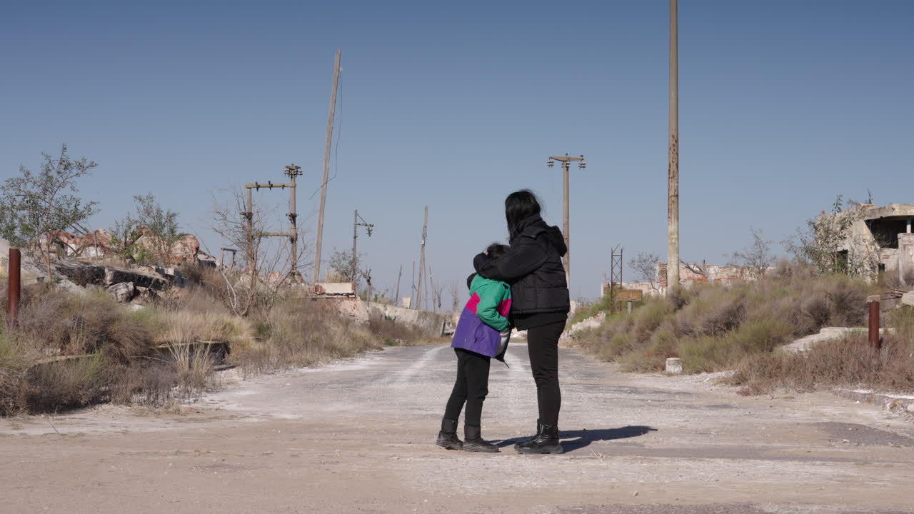 Mother and daughter reuniting in a destroyed city street, surrounded by ruins, symbolizing survival, protection, family bond, and war aftermath
