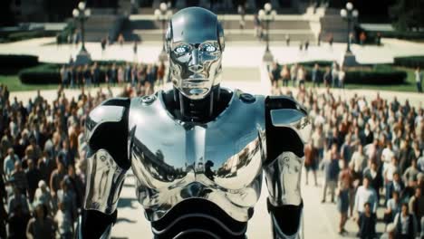 a futuristic robot addressing a crowd, showcasing advanced technology and human-robot interaction in a public gathering setting