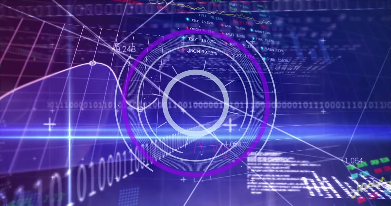 Animation of round scanner over stock market data processing and light trail against blue background