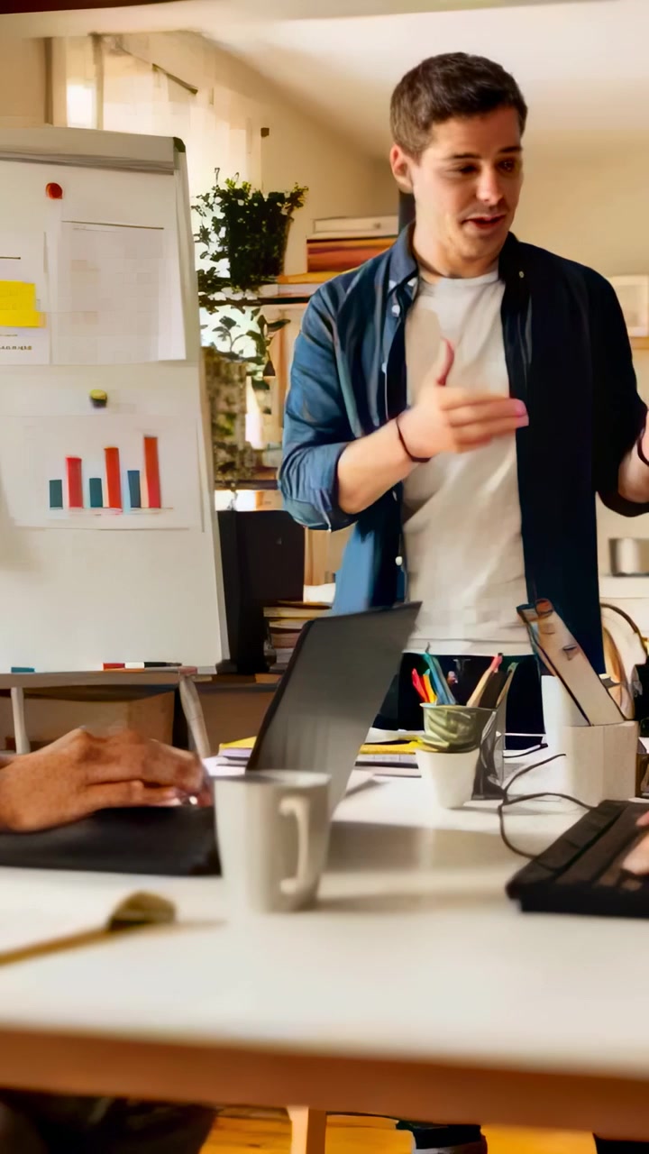 Vertical video: Starting talk, man in dark shirt explaining chart at meeting flipchart with laptops