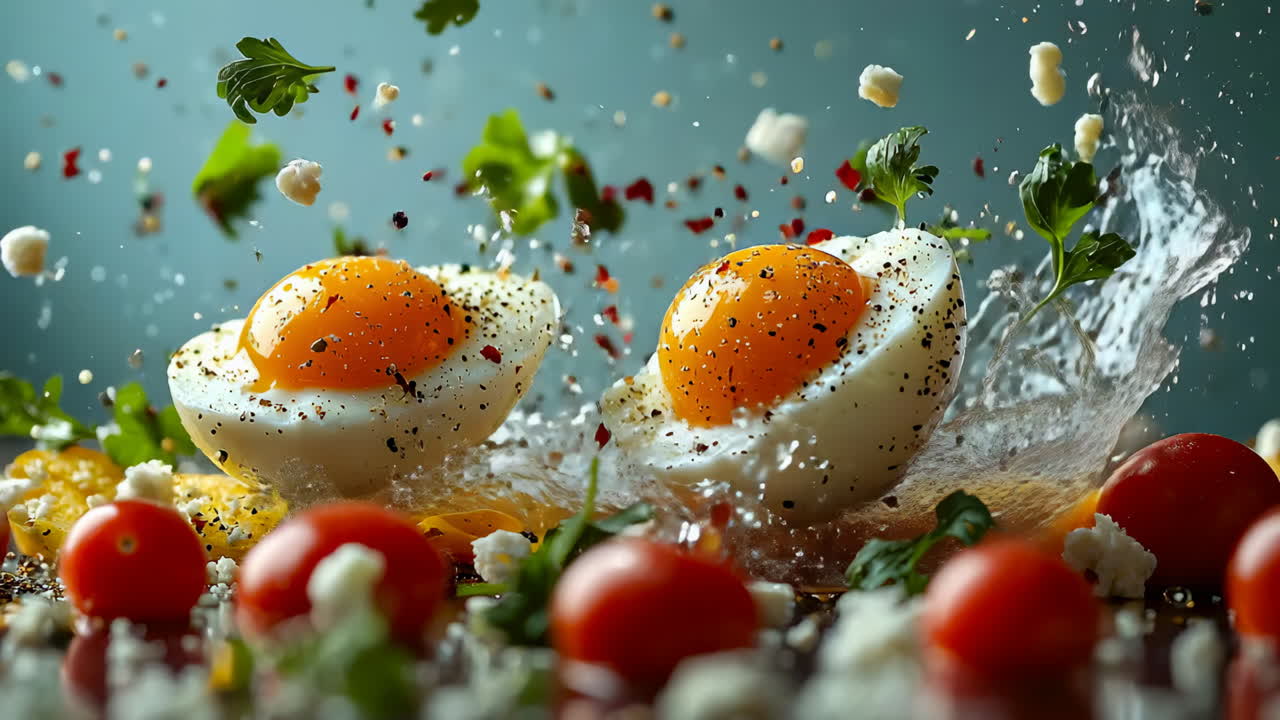Cuisiner de bons œufs frais. Les œufs sont présentés avec des tomates et des herbes éclatantes, tandis que des épices sont saupoudrées pour plus de saveur dans un cadre lumineux.