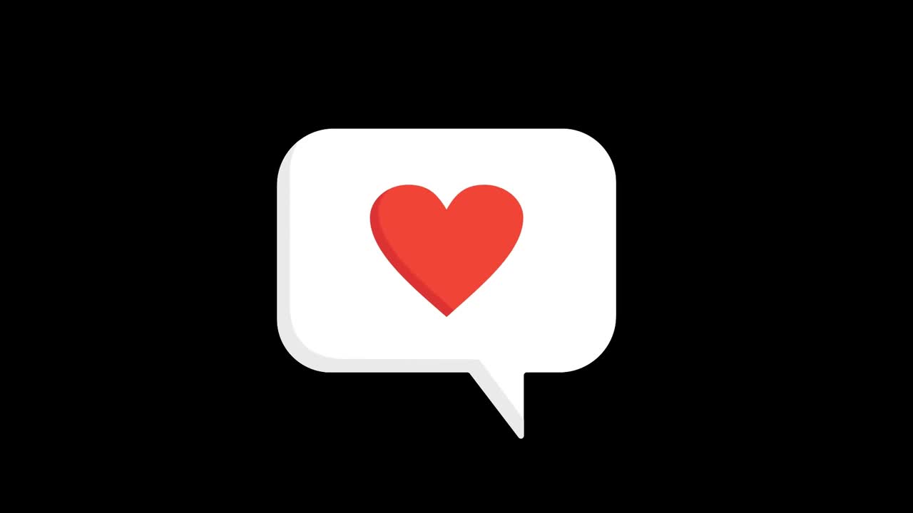 Um coração vermelho aparece dentro de um balão de fala branco sobre um plano de fundo preto, pulsando suavemente para transmitir amor, carinho e comunicação em um motion graphic minimalista e elegante