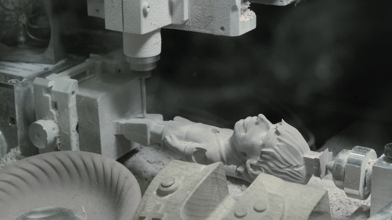 máquina de fresado cnc que crea una estatua de madera