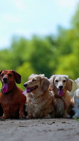 group of dogs outdoors. pet dogs of different colors are sitting on the road. five dogs with long tongues out look on camera. vertical video