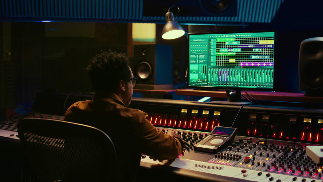 Audio expert counts down for artist singing in vocal booth,