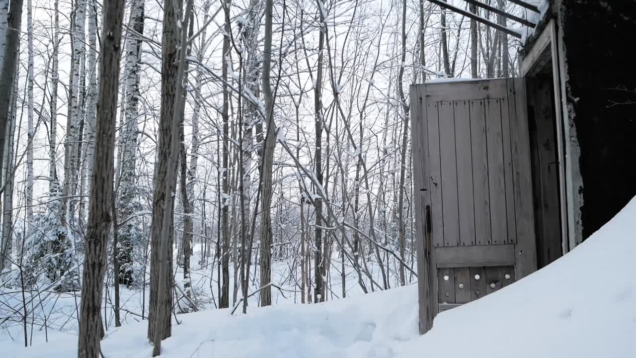 나무 오두막 으로 가는 눈 인 겨울 숲 길