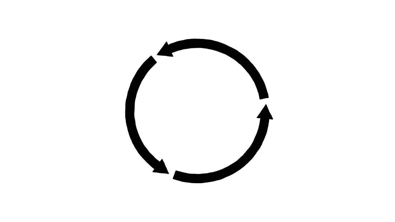 Bold black circular arrow rotates clockwise on clean white background, smooth motion, minimalistic vector style