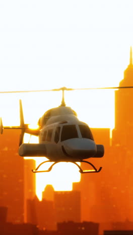 helicopter flying over city at sunrise/sunset