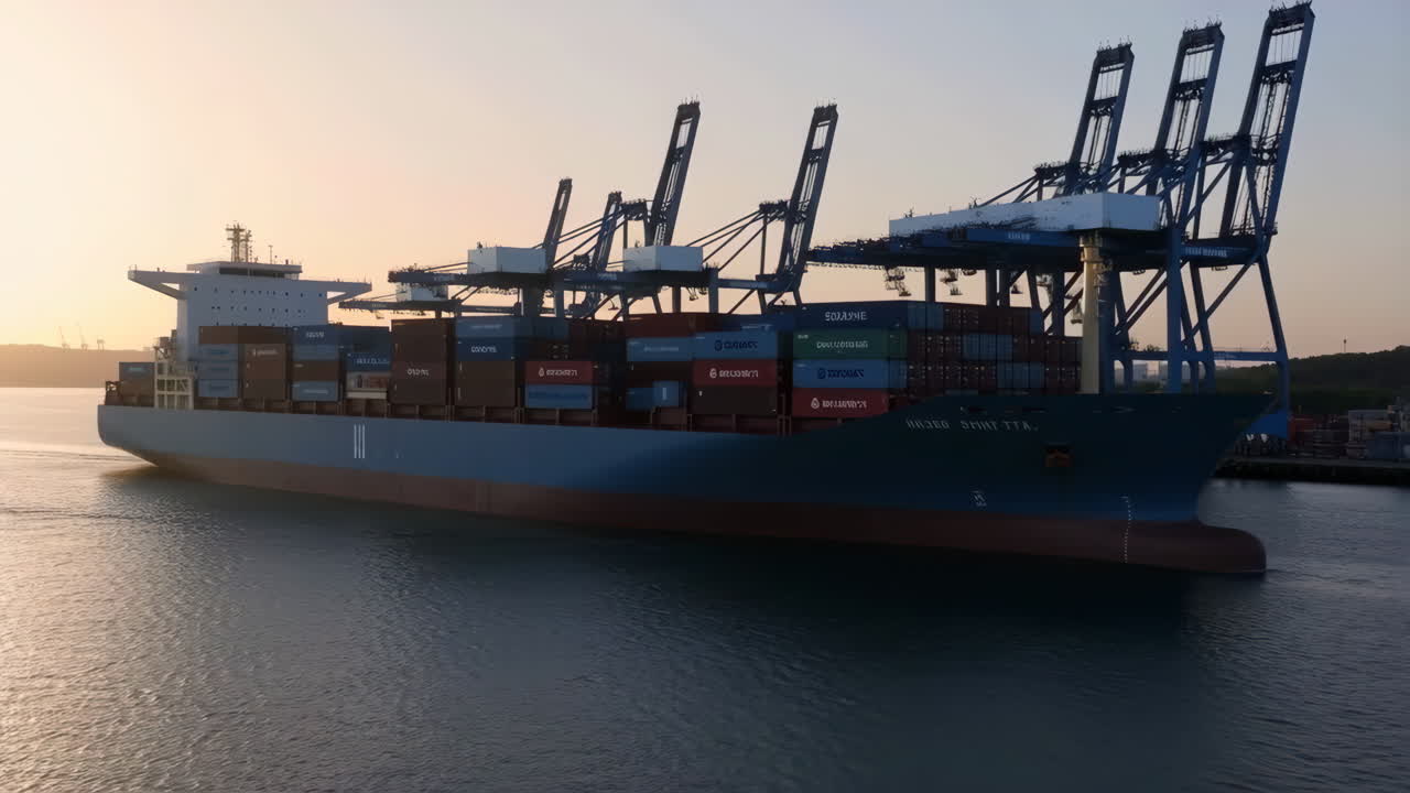 Large container ship docked at a port with cranes during sunset