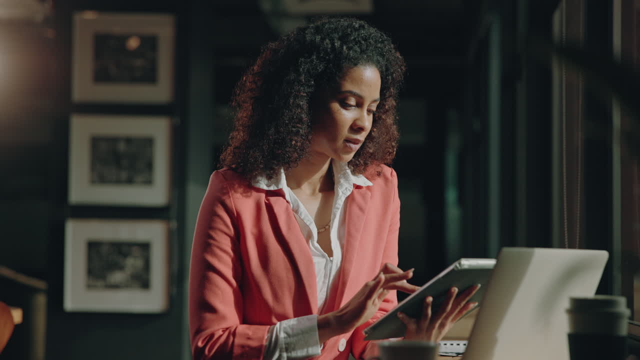 Businesswoman celebrating success while working with tablet and laptop