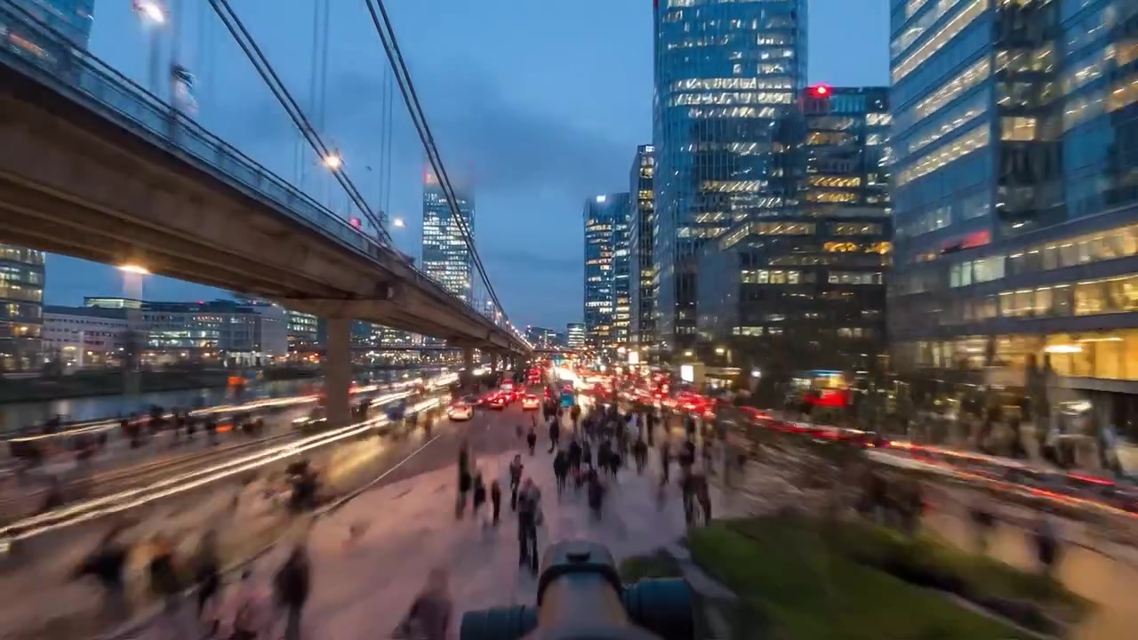 A Fast-Paced Urban Scene with Bustling Traffic and Crowds Under Overpasses Amidst Twinkling City Lights at Dusk Captured in a Dynamic Perspective
